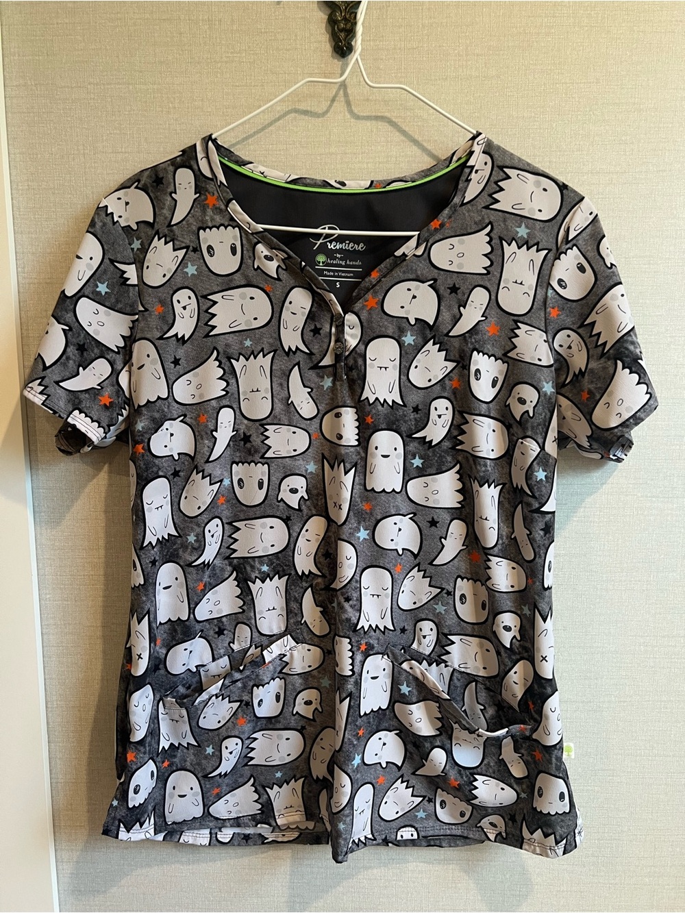LiveLife Ghost Print Short Sleeve Scrub Top - Gray